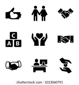 Together icons. set of 9 editable filled together icons such as abc cube, handshake, family, hand with heart, table