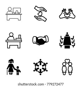 Together icons. set of 9 editable filled and outline together icons such as handshake, meeting, table, hands holding heart, women couple, heart tag, roundelay