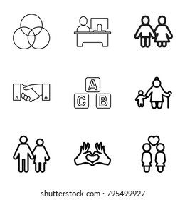 Together icons. set of 9 editable outline together icons such as couple, old woman and child, women couple, heart tag, abc cube, handshake, table, circle intersection