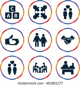 together icons set. Set of 9 together filled icons such as ABC cube, table, women couple, couple, hand with heart, meeting, handshake