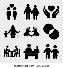 Together icons set. set of 9 together filled icons such as table, circle intersection, hands holding heart, couple, heart tag, meeting