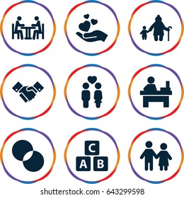 Together icons set. set of 9 together filled icons such as abc cube, table, circle intersection, couple, hand holding heart, meeting, handshake