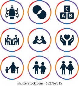 Together icons set. set of 9 together filled icons such as abc cube, circle intersection, hands holding heart, heart tag, meeting, family, couple