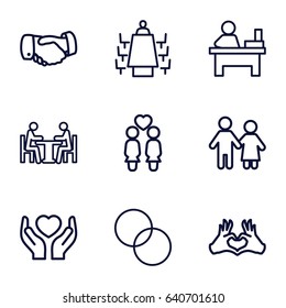 Together icons set. set of 9 together outline icons such as handshake, table, circle intersection, hands holding heart, women couple, heart tag, meeting