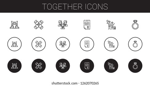 together icons set. Collection of together with teamwork, team, wedding contract, family, engagement ring. Editable and scalable together icons.
