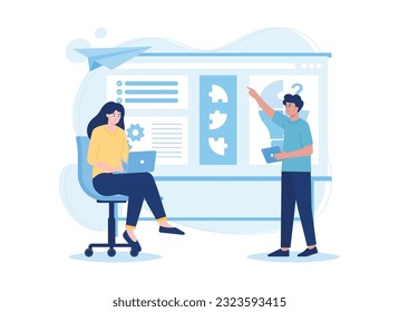 Together looking for business solutions via online, jigsaw bulb trending flat illustration