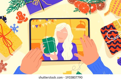 Together online illustration. Couple keep distance on holidays, open gifts. Celebration on the internet vector. Female in sweater holding Christmas box. Hands holding tablet and decorations flat lay