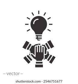 together partnership as a team, meeting group people with creative idea, icon, business community with lightbulb, flat vector illustration