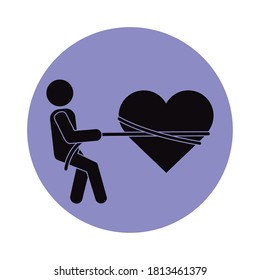 together, person tied heart with rope romantic relationship pictogram block silhouette icon vector illustration