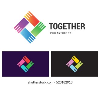 Together Philanthropy is a vector logotype template for social care, networking or media business company. Shake hands unity icon idea.