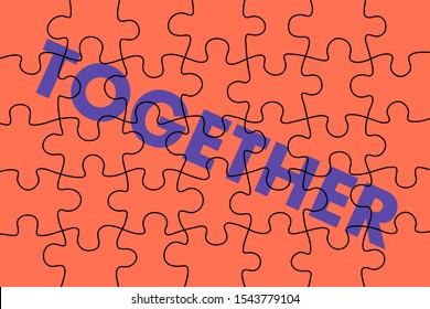 Together Puzzle And Jigsaw- Complementary Connection Of Individual Pieces Into One United Unit And Oneness. Vector Illustration