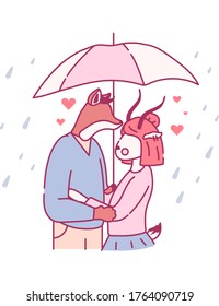 Together in the rain background. Modern illustration slider site page. Web banner in the rain under one umbrella. Concept of steam under an umbrella. Vector image lovers with one umbrella design.