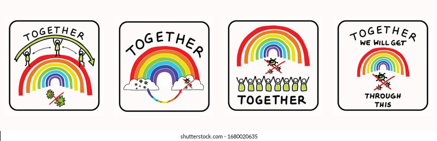 Together rainbow virus fight. Support each other corona covid 19 infographic. Considerate community help graphic clipart. Pandemic stick figure positive joined action poster banner