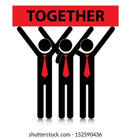 Together sign and group of business man on white background