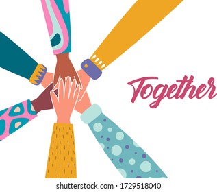 Together template landing page. Team building. Group people putting hands together. Symbol of cooperation, partnership, friendship, unity. Vector flat illustration in modern style.