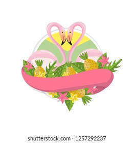 Together tropical summer label, design element with palm leaves, flowers, pineapples and flamingo couple vector Illustration