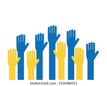 Together with Ukraine. Flat simple illustration of hand up colors Ukrainian flag blue and yellow. Solidarity with Ukraine and asking for help