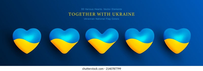 Together With Ukraine Vector Various 3D Hearts Set National Colours Ukrainian Yellow Blue Flag Isolated On Blue Background. Three Dimensional Heart Ukrainian Army Volunteers People Icon Collection