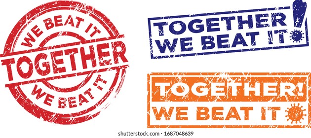 Together we beat it stamps. Quarantine motivational stamps. Vector in grunge texture.