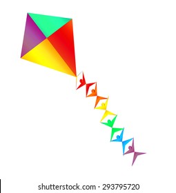Together We Can,  Rainbow Colored Kites with Mini silhouettes on the String Showing the Power of Teamwork and How the Sky is the Limit When Working Together