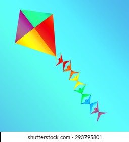 Together We Can,  Rainbow Colored Kites with Mini Silhouettes on the String Showing the Power of Teamwork and How the Sky is the Limit when working Together 