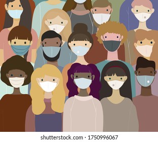 Together We Are Stronger.Group Of People Wearing Medical Face Mask To Prevent Coronavirus.