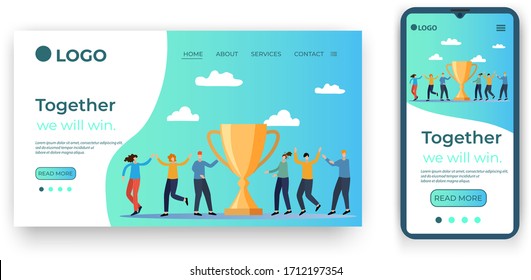 Together we will win.Happy people hold the victory Cup.Template for the user interface of the site's home page.Landing page template.The adaptive design of the smartphone.vector illustration.