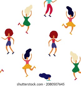 Together Young Joy Vector White Seamless Pattern. Fashion Silhouette People Banner. Celebrate Women Template. Cute Person Modern Background. Disco Friend Lifestyle Cover.