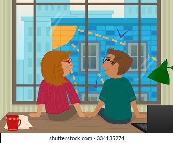 Together - Young man and woman are sitting on an office desk in front of a big window with a cityscape and looking at each other. Eps10
