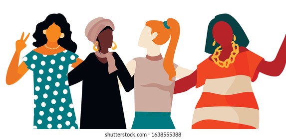 Togetherness Community Concept. Different nationalities and cultures women. Cooperation and partnership vector illustration