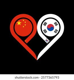 togetherness concept. heart symbol icon of chinese and korean flag. vector illustration isolated on black background