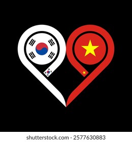 togetherness concept. heart symbol icon of south korea and vietnam flag. vector illustration isolated on black background