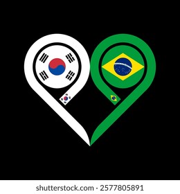 togetherness concept. heart symbol icon of south korea and brazil flag. vector illustration isolated on black background