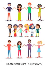 Togetherness concept poster with happy man, woman and adorable children united by hands congratulate each other vector illustration isolated on white