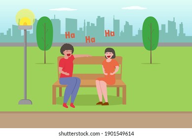 Togetherness vector concept: Two pregnant mothers laughing together while sitting on the bench 