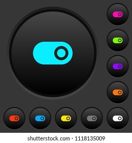Toggle dark push buttons with vivid color icons on dark grey background