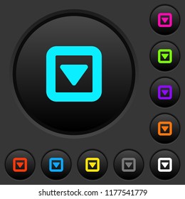 Toggle down dark push buttons with vivid color icons on dark grey background