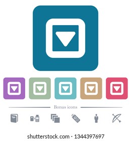 Toggle down white flat icons on color rounded square backgrounds. 6 bonus icons included