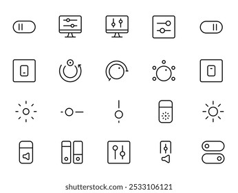 toggle icon, control panel icon, on off,  Brightness, volume, Mobile control icon set, Editable Stroke. Line, Solid, Flat Line, thin style and Suitable for Web Page, Mobile App, UI, UX design.