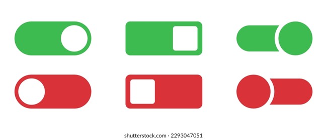 Toggle icon set. Switch toggle slider. Turn off and on toggle. Switcher icon set. Switcher in green and red. Turn on slider. Active and inactive slider. Stock vector illustration