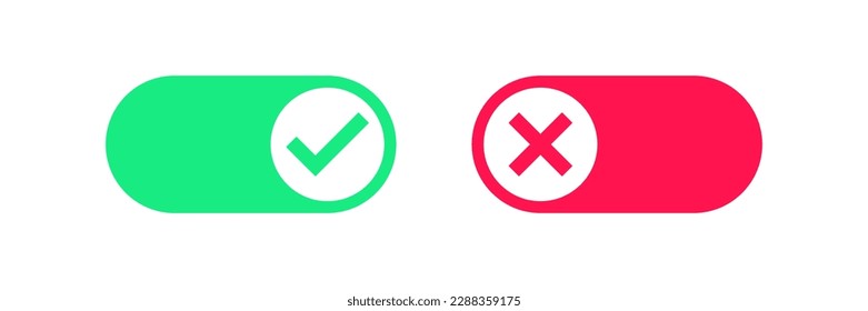 Toggle icon. Switch symbol. Slider signs. Active symbols. Inactive icons. Cancel, check mark button. Red, green color. Vector isolated sign.