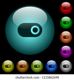 Toggle icons in color illuminated spherical glass buttons on black background. Can be used to black or dark templates