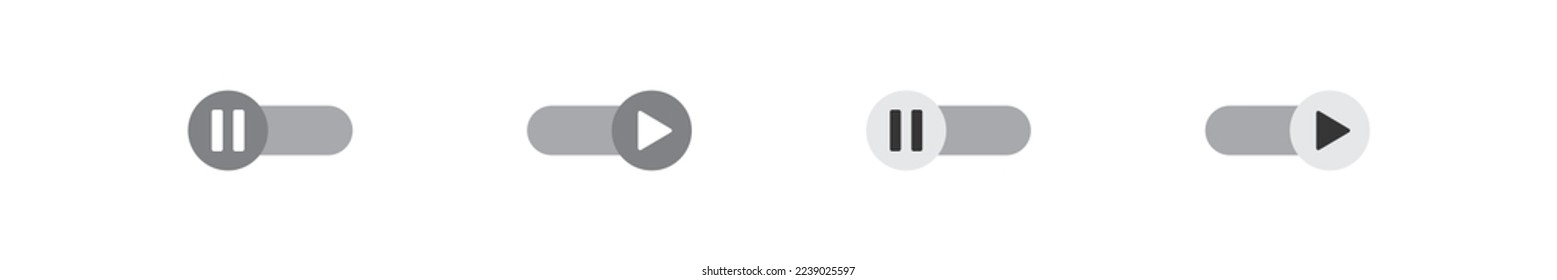 Toggle play and pause icons. Switch sign. Gray and white symbol. Slider button icon. Vector isolated sign.