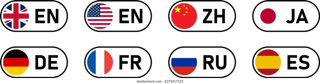 Toggle Slider Style Flag Icon Set of China Germany USA United States of America UK United Kingdom Spain France Japan and Russia Flag Button Signs with Language Codes. Vector Image.