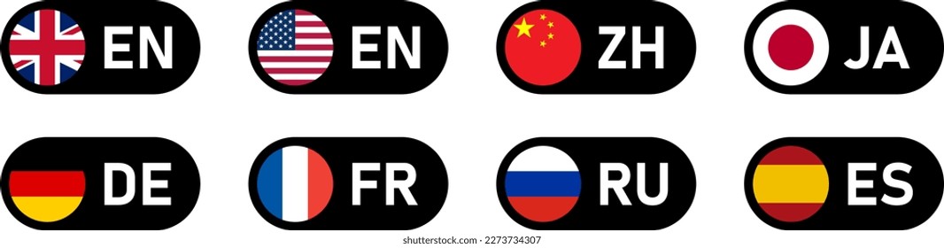 Toggle Slider Style Flag Icon Set of China Germany USA United States of America UK United Kingdom Spain France Japan and Russia Flag Button Signs with Language Codes. Vector Image.