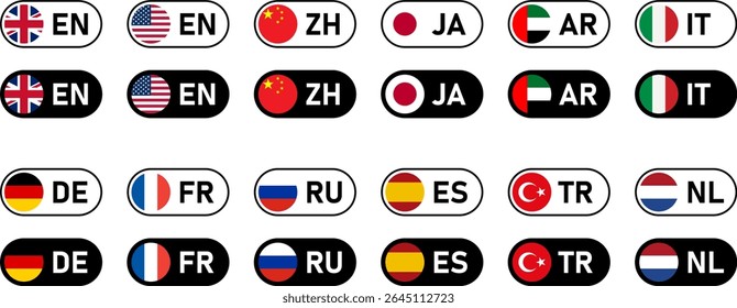 Toggle Slider Style Flag Icon Set of China Germany USA American UK Spain France Japan Russia UAE Turkey Netherlands Italy Flag Button Signs with Language Codes for App or Website UI. Vector Image.