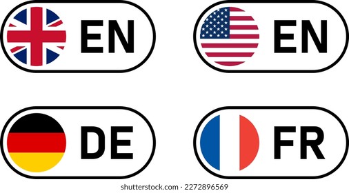 Toggle Slider Style Flag Selection Button Icon Set including UK United Kingdom USA United States of America Germany and France Flags with Language Codes for English, German and French. Vector Image.