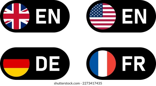 Toggle Slider Style Flag Selection Button Icon Set including UK United Kingdom USA United States of America Germany and France Flags with Language Codes for English, German and French. Vector Image.