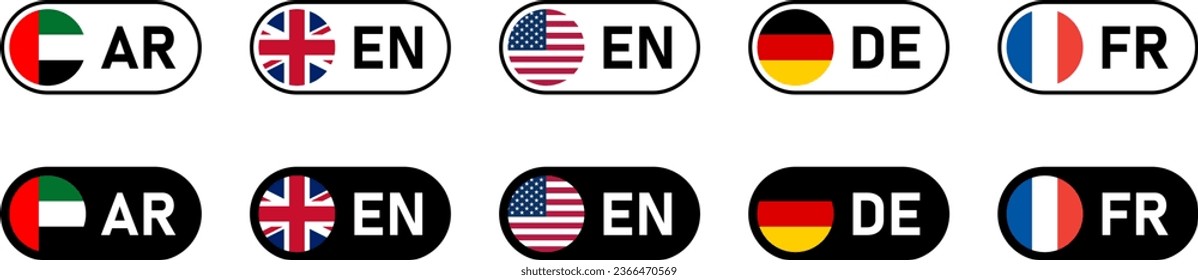 Toggle Slider Style Flag Selection Button Icon Set including UAE UK USA Germany and France Flags with Language Codes for Arabic, English, German and French. Vector Image.