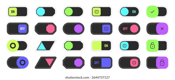 Alterne o botão de ativação e desativação, bloqueie e desbloqueie posições. Controles de aplicativo e design de interface de usuário vetorial, configurações ou painéis interativos. Ativação e aprovação, ativar e desativar ações
